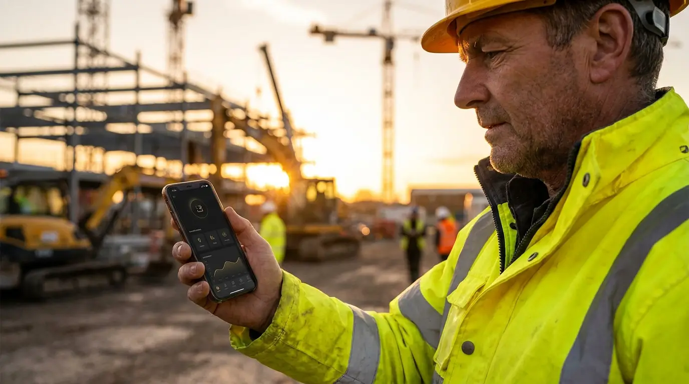 A site manager in hi-vis checking his phone on a construction site