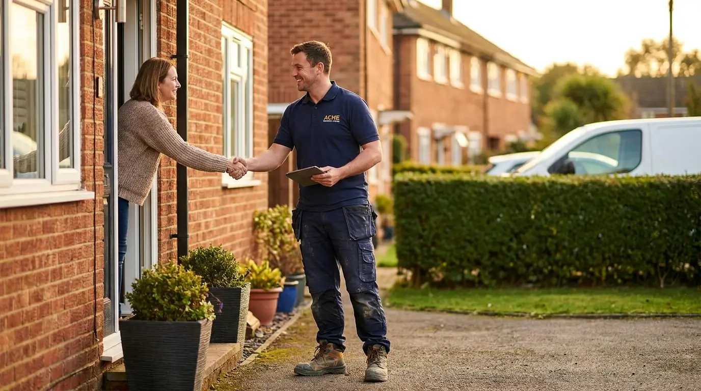 A builder shaking hands with a homeowner at her front door